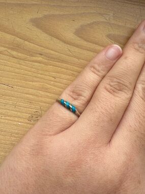 Vintage Southwestern Sterling Silver & Turquoise Inlay Pinky Midi Ring sz 3 .925